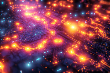 Fototapeta premium A seamless grid of circuit pathways with towering nodes glowing in orange and cyan, set against a pastel yellow background,