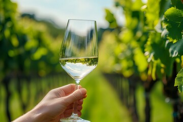 Holding a glass of white wine in a vineyard during a sunny afternoon, surrounded by lush grapevines