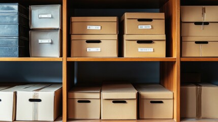 A neatly organized shelf filled with labeled cardboard boxes, indicating efficient storage solutions.