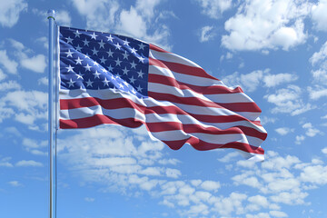 Obraz premium Waving American flag against a bright blue sky filled with fluffy clouds.