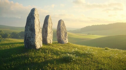 Elegant standing stones on a grassy hill, surrounded by a realistic background of rolling countryside and a clear sky