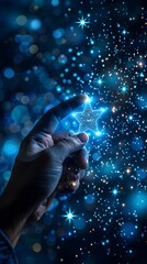 Magical Hand Conjuring Glowing Star in Sparkling Cosmic Galaxy