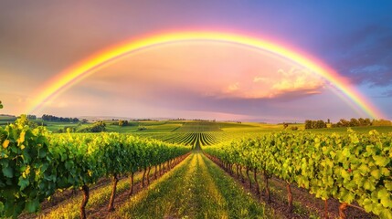 A rainbow forming a stunning backdrop to a serene vineyard with rows of grapevines and a clear, sunny sky