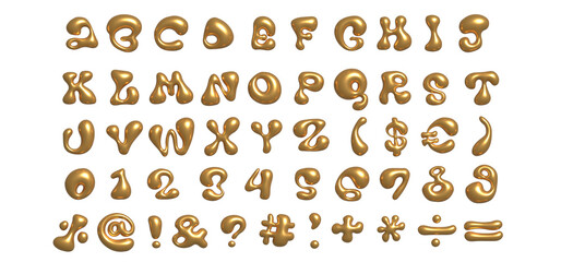 3d gold liquid font in y2k style isolated on a transparent background. Render of 3d golden inflated alphabet and numbers with shine glossy effect. Liquid organic typography