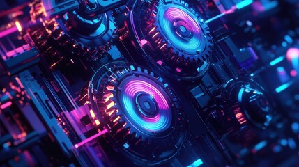 High-capacity gears with neon accents, set against a vibrant and dynamic futuristic background, creating a powerful visual