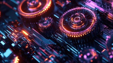 High-capacity gears with neon accents, set against a vibrant and dynamic futuristic background, creating a powerful visual