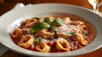 A serving of tortellini in a rich tomato basil sauce, with fresh basil leaves and grated Parmesan cheese on top.