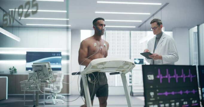 Athlete Wearing Headset for Cardiopulmonary Exercise Test on Treadmill Under Physician Supervision in Medical Laboratory, Monitoring Heart Rate for Scientific Sport Training and Health Care.