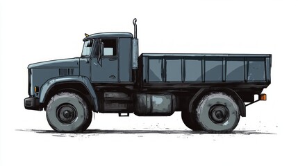 Obraz premium Illustration of a rugged dark gray dump truck shown in a side view, emphasizing its strong industrial design. The truck features a large cargo bed and thick, heavy-duty tires, giving it a robust and d