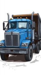 Illustration of a blue dump truck in a front-facing view, highlighting its strong, industrial design. The truck&rsquo;s bold blue color contrasts sharply with its rugged, heavy-duty build, giving it an impo