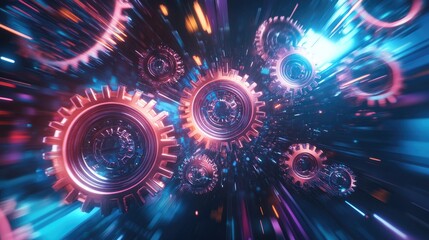 Neon-lit gears in motion, symbolizing high capacity, set against a dynamic futuristic background, creating a stunning visual effect