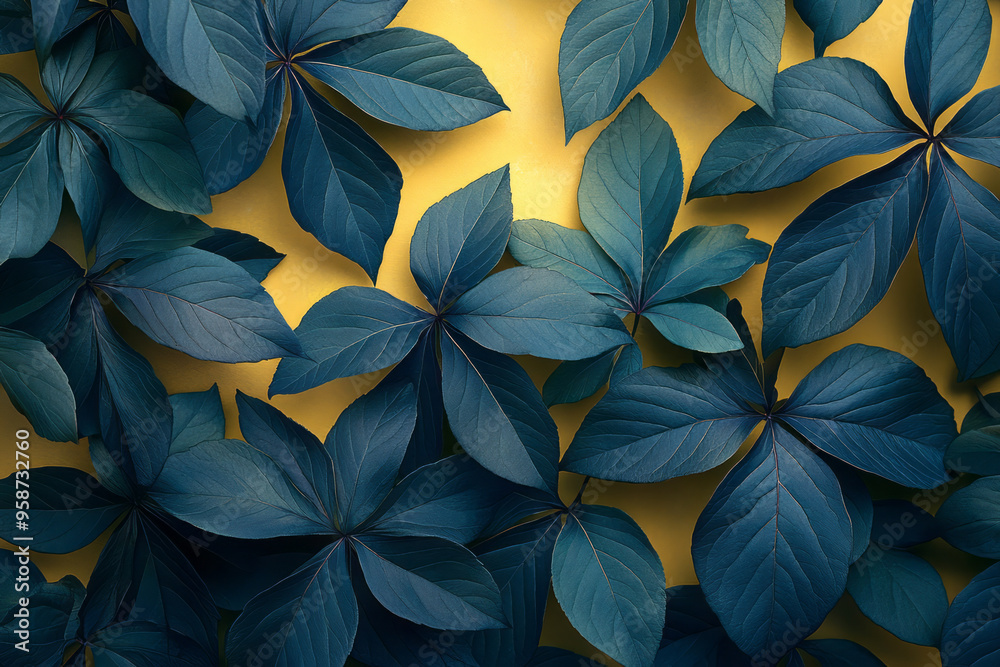 Poster A botanical pattern of dark green and teal leaves with a hint of purple, subtly illuminated with soft edge lighting, set against a pastel yellow background,