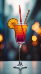A glass of a colorful drink with a straw in it.