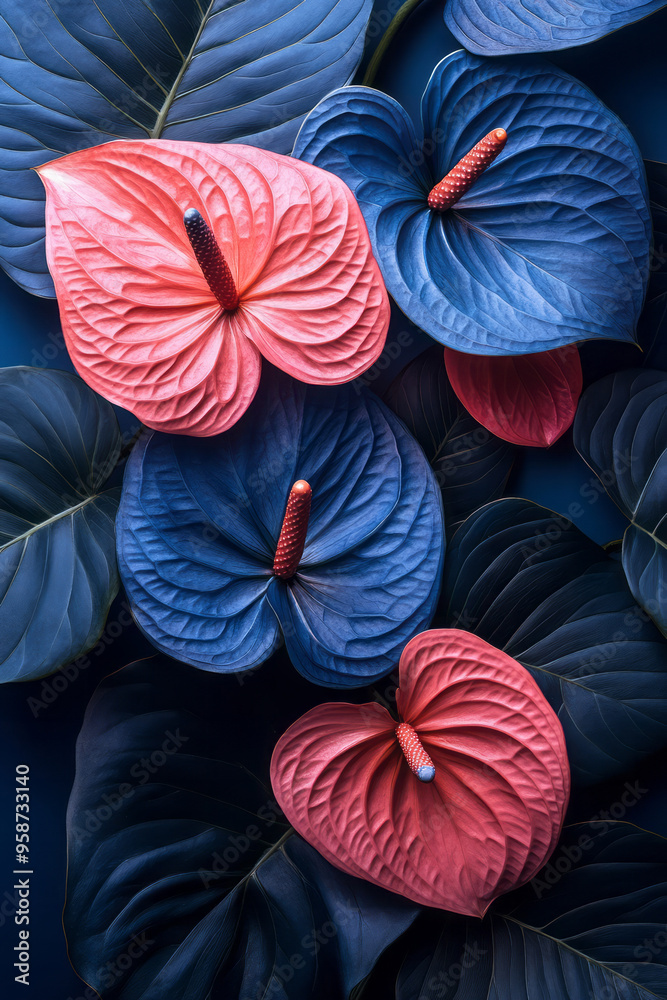 Poster a pattern of overlapping dark blue anthuriums and dark green ferns with a soft glowing effect, isola