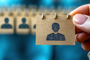 Finding the Right Fit:  A hand delicately holds a small, cardboard tag with a silhouette of a person, representing the perfect candidate for the role. The tag stands out against a blurred background o