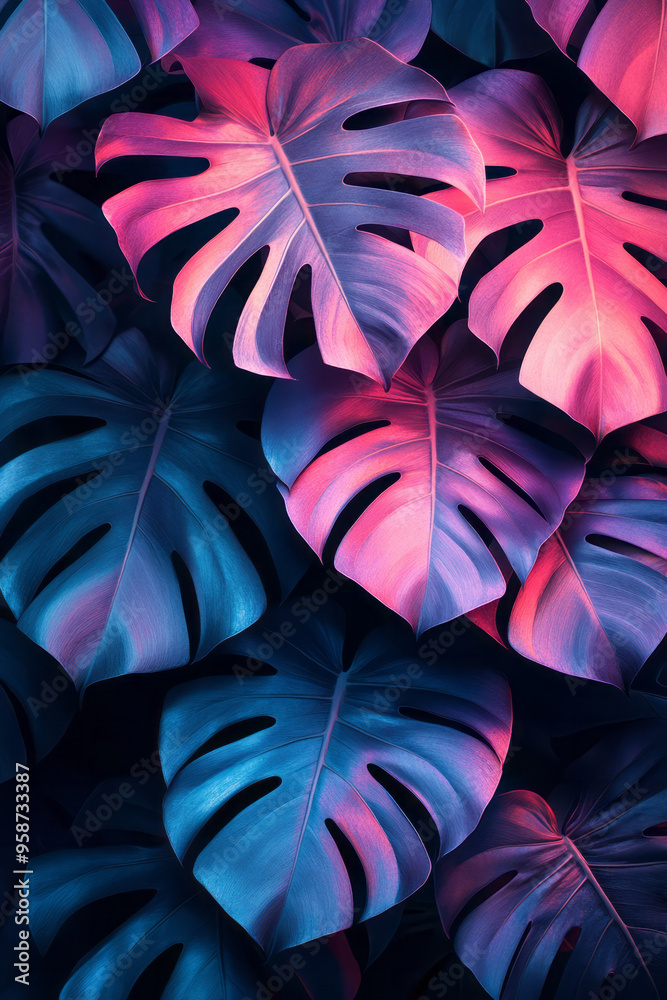 Aufkleber dark botanical background with overlapping black and deep purple monstera leaves, illuminated with s