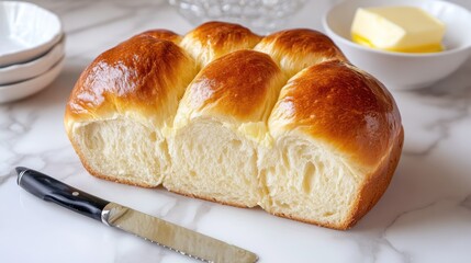 Fototapeta premium A soft brioche loaf on a white marble surface, with a pat of melting butter and a knife ready for spreading. -