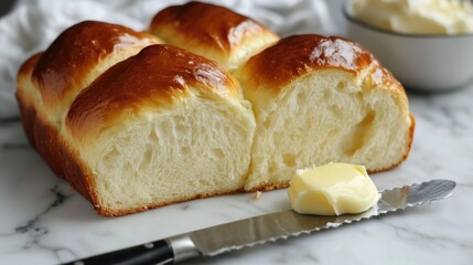 Fototapeta premium A soft brioche loaf on a white marble surface, with a pat of melting butter and a knife ready for spreading. -