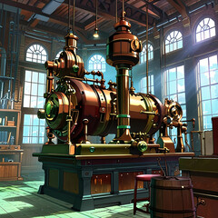 A detailed vintage steam invention on display