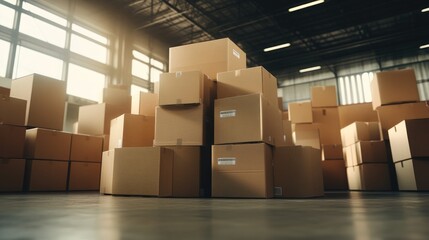 A stack of cardboard boxes in a warehouse, representing logistics, shipping, and storage in an industrial setting.