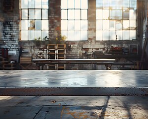 Modern Steel Table in Clean Industrial Loft Setting for Product Display and Copy Space