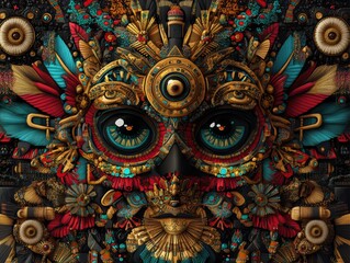 Highly detailed Aztec-inspired owl mask adorned with gold accents, feathers, and intricate patterns, symbolizing cultural heritage and artistry.