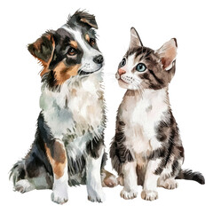 Obraz premium Watercolor of playful dog and curious cat, cut out - stock png.