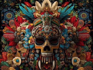 Detailed artwork of an Aztec-inspired skull adorned with vibrant feathers and floral patterns, showcasing rich cultural and symbolic elements.