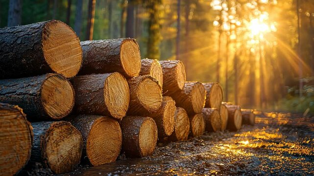 Camera moving right showing stacked logs at golden hour