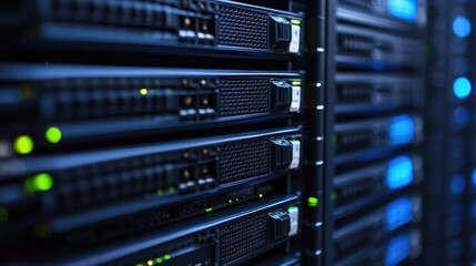 A stack of digital servers in a data center, symbolizing cloud storage, internet technology, and data management.8