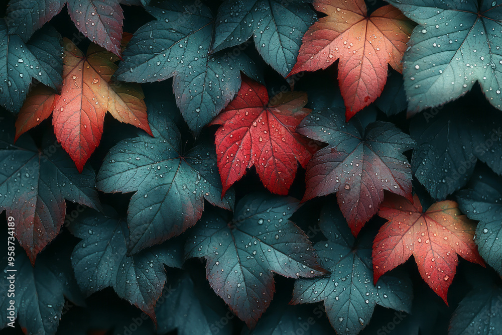 Poster A composition of dark green and maroon maple leaves with soft shadows, illuminated with subtle edge lighting, set against a pastel blue background,