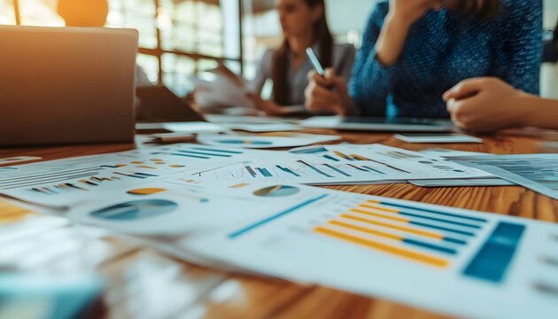 Business Meeting with Scattered Charts and Graphs