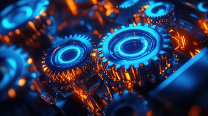 Abstract gears with neon highlights, representing high capacity, set against a dynamic and vibrant futuristic backdrop
