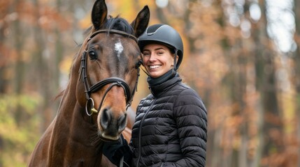 Obraz premium A woman is smiling and standing next to a brown horse