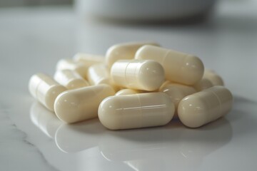 Close-up of a pile of white capsules on a reflective surface, representing medication or supplements.