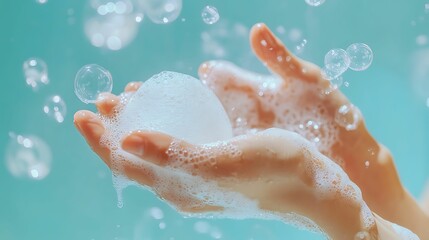 Fototapeta premium Close-up of hands washing with soap, surrounded by foam and bubbles, symbolizing cleanliness, hygiene, and self-care in a refreshing setting.