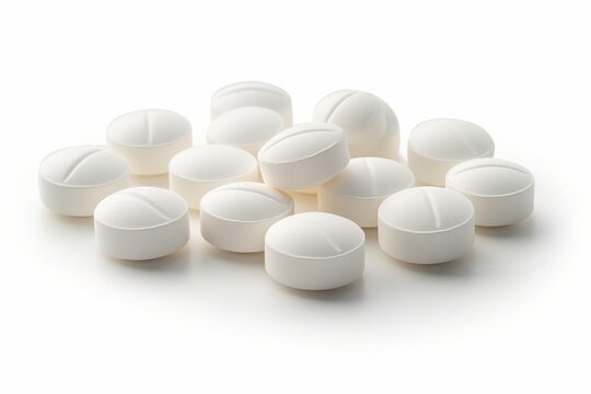 White round pills stacked together on a white surface, representing medical dosage and healthcare.