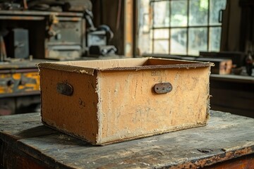 Worn Cardboard Box with Metal Clasp on a Weathered Wooden Table
