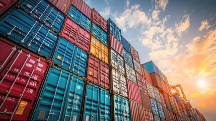 A stack of shipping containers in a busy port, symbolizing global trade, import, and export logistics. -