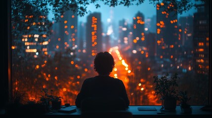 A solitary figure gazing at a city skyline illuminated by evening lights from a quiet room