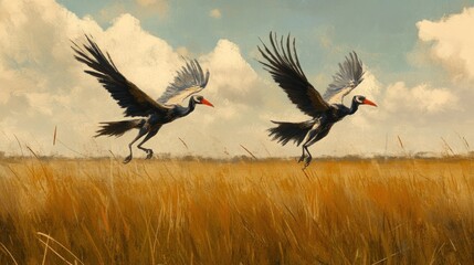 Naklejka premium Two Black-Necked Cranes in Flight Over a Golden Field