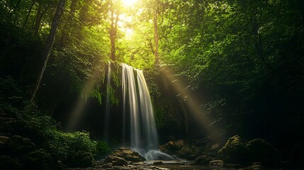 Fototapeta premium A tranquil waterfall flows through a dense, lush green forest, with sunlight filtering through the trees, creating a peaceful, natural scene.