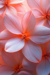 Oversized abstract daisy petals in soft pastel pink and orange hues, arranged in a spiraling pattern, isolated on a pastel beige background,