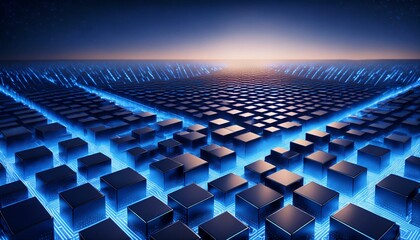 Obraz premium a surface consisting of many neatly arranged three-dimensional boxes, with a dark blue color and bright blue borders, creating a futuristic and dynamic impression