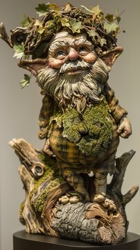 A whimsical gnome sculpture with a long white beard, a leaf crown, and moss-covered clothing, standing on a tree trunk.