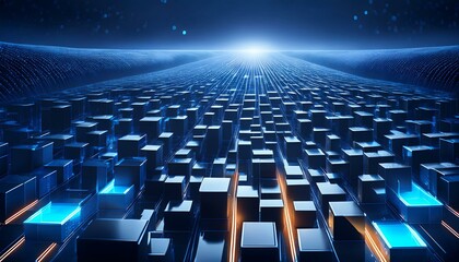 Obraz premium a surface consisting of many neatly arranged three-dimensional boxes, with a dark blue color and bright blue borders, creating a futuristic and dynamic impression