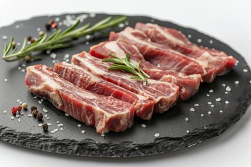 Raw beef ribs on a slate board, garnished with rosemary and seasoning.
