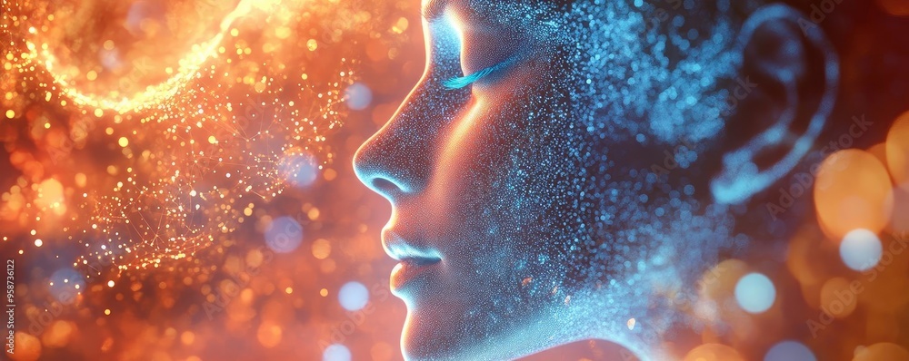 Aufkleber a surreal depiction of a serene face bathed in light and particles, symbolizing beauty and tranquili