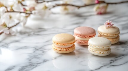 Fototapeta premium A stylish arrangement of macarons on a marble countertop, featuring a mix of flavors with delicate decorative accents.