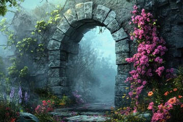 Fototapeta premium Stone Archway Leading Through a Misty Forest Garden